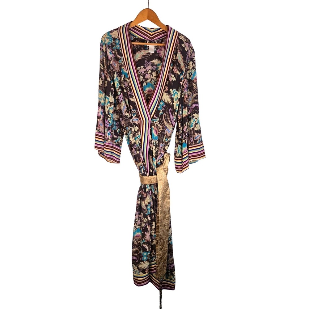 Soft Surroundings Silk Robe Kimono Paisley Floral Print Colorful Trim Loungewear